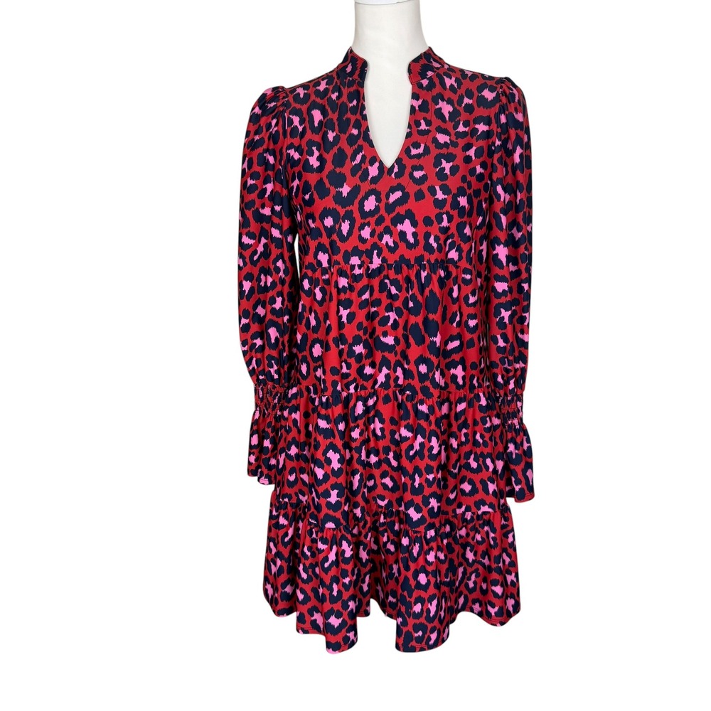 Jude Connally Red Pink Leopard Tiered Mini Dress Long Sleeve Smocked Cuffs XS